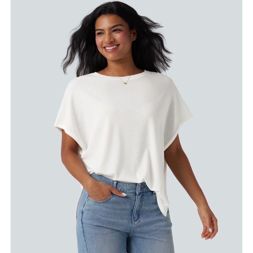 Halara White Round Neck Batwing Sleeve Relaxed Casual T-Shirt Size M 02812321